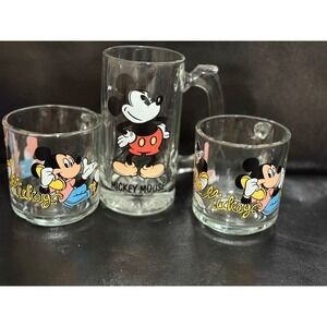 Mickey Mouse Glass Mug Set 3 Vintage Collectible‎ Drinkware